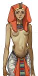  1girl breasts brown_eyes egyptian egyptian_clothes egyptian_hat hatshepsut highres mossacannibalis navel nipples real_life simple_background small_breasts solo standing stomach yellow_background 
