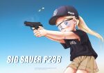  1girl aiming baseball_cap black-framed_eyewear black_headwear black_shirt blonde_hair blue_background blue_eyes blush brown_shorts casing_ejection closed_mouth clothes_writing cocked_hammer colored_eyelashes colored_text commentary_request company_name cowboy_shot ear_protection english_commentary finger_on_trigger firing floating floating_object from_side frown gradient_background gun hair_behind_ear handgun hat headwear_writing holding holding_gun holding_weapon kahis_(sweetbriar) light_blue_background logo looking_ahead merchandise mixed-language_commentary original over-rim_eyewear partial_commentary petite ponytail safety_glasses semi-rimless_eyewear serious shell_casing shirt shooting_glasses short_sleeves shorts sig_sauer sig_sauer_p238 smoke smoking_gun solo t-shirt two-handed weapon weapon_name web_address white_background 