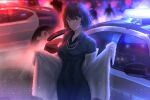  1girl bead_necklace beads black_dress bob_cut breasts car cloak collared_dress commentary dress english_commentary fubuki_(one-punch_man) fur_cloak highres impossible_clothes jewelry large_breasts motor_vehicle necklace one-punch_man police_car rappa solo solo_focus upper_body 