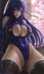  1girl akiyama_rinko ass_visible_through_thighs black_thighhighs blue_hair cherry_blossoms clothing_cutout covered_navel elbow_gloves gloves hair_between_eyes highleg highleg_leotard highres impossible_clothes leotard limgae lips long_hair looking_at_viewer multicolored_hair purple_eyes purple_hair purple_leotard skin_tight solo taimanin_(series) thighhighs two-tone_hair underboob_cutout 