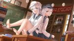  2girls back-to-back barefoot blue_eyes book bottle chalkboard classroom desk dual_persona grey_hair hat hibiki_(kancolle) highres indoors kantai_collection long_hair long_sleeves looking_at_viewer military_uniform multiple_girls on_desk open_mouth origami photo_(object) qs13280809727 russian_text school_uniform serafuku sitting sitting_on_desk skirt thighs uniform verniy_(kancolle) 