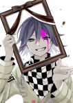  1boy black_hair blood blood_on_face brown_jacket buttons checkered_clothes checkered_scarf danganronpa_(series) danganronpa_v3:_killing_harmony double-breasted grin hair_between_eyes hands_up highres holding_frame iei jacket long_sleeves male_focus oma_kokichi pink_blood rinlei_02 scarf short_hair smile solo teeth upper_body white_background 