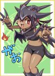  1girl absurdres bike_shorts black_hair blush claw_pose claws cosplay dark-skinned_female dark_skin dragon_tail dragon_wings fake_tail fake_wings fire green_background highres himekishi_tarutu_(artist) magic_circle red-eyes_black_dragon red_eyes solo tail wings yu-gi-oh! yu-gi-oh!_cross_duel 