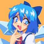  1girl :3 blue_eyes blue_hair blush bow cirno fang hair_bow hand_to_own_mouth hcnone ice ice_wings neck_ribbon open_mouth orange_background pixel_art red_ribbon ribbon short_hair simple_background smug solo touhou upper_body wings 