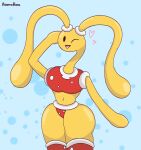  &lt;3 anthro breasts clothed clothing digital_media_(artwork) female generation_2_pokemon hi_res looking_at_viewer moonabloom navel nintendo one_eye_closed open_mouth pigtails pokemon pokemon_(species) shell shuckle simple_background smile solo thick_thighs tongue wide_hips wink yellow_body 