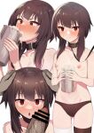  1boy 1girl ass_visible_through_thighs bandaged_leg bandages bar_censor blush breasts brown_hair brown_panties brown_thighhighs censored closed_mouth collar collarbone cum cum_in_container cum_in_cup cup drinking embarrassed hands_on_another&#039;s_head hetero highres holding holding_cup holding_leash kono_subarashii_sekai_ni_shukufuku_wo! leash megumin miga_(migao) multiple_views navel nipples panties penis penis_on_face pov red_eyes short_hair_with_long_locks sidelocks single_thighhigh small_breasts sweat thighhighs topless underwear viewer_holding_leash wavy_mouth white_background 
