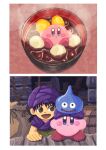  1boy absurdres bag barrel black_hair blue_eyes blush_stickers bowl brown_eyes dragon_quest dragon_quest_v food hero_(dq5) highres kirby kirby_(series) looking_at_viewer miclot mochi open_mouth pink_footwear purple_headwear shiruko_(food) shoes slime_(dragon_quest) sparkling_eyes steam turban 