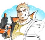  1boy bandaid bandaid_on_cheek bandaid_on_face bara dog_tags facial_hair large_pectorals looking_at_viewer male_focus muscular muscular_male one_eye_closed orange_hair pectorals sanwari_(aruji_yume) scar scar_on_face short_hair smile solo stubble thick_eyebrows thumbs_up tokyo_afterschool_summoners ulaanbaatar_(housamo) unfinished 