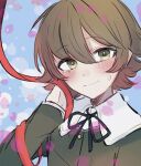  1boy black_ribbon blush brown_eyes brown_hair closed_mouth commentary_request danganronpa:_trigger_happy_havoc danganronpa_(series) fujisaki_chihiro green_jacket hair_between_eyes hand_up highres jacket male_focus multicolored_background neck_ribbon otoko_no_ko petals red_ribbon ribbon short_hair smile tearing_up zui_nianshao 