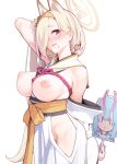  1girl animal_ears arm_behind_back arm_behind_head arm_up ataruman bare_shoulders between_breasts blonde_hair blue_archive blush breasts breasts_out brown_eyes clothes_between_breasts cowboy_shot fox_ears hair_over_one_eye hairband halo hand_fan hip_vent japanese_clothes kaho_(blue_archive) large_breasts looking_at_viewer mole mole_under_mouth nipples obi sash simple_background smile white_background 