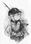  1girl blush fishing_rod greyscale hat hibiki_(kancolle) highres holding holding_fishing_rod irokawara_naomitsu jacket kantai_collection long_hair long_sleeves looking_at_viewer monochrome open_mouth pants scarf sidelocks smile solo traditional_media white_background 