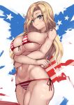  1girl absurdres alternate_costume american_flag_bikini arms_under_breasts bikini blonde_hair breasts cowboy_shot crossed_arms flag_print front-tie_bikini_top front-tie_top green_eyes highres hornet_(kancolle) kantai_collection large_breasts long_hair navel nestleo parted_bangs side-tie_bikini_bottom solo standing striped striped_bikini swimsuit vertical-striped_bikini vertical_stripes 
