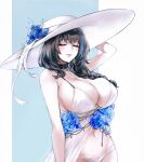  1girl bikini black_hair blue_flower blue_hair blush braid breasts cleavage closed_eyes earrings english_commentary flower goddess_of_victory:_nikke hair_over_shoulder hand_on_headwear hat hat_flower highres jewelry large_breasts large_hat lips long_hair mary_(bay_goddess)_(nikke) mary_(nikke) multicolored_hair navel necklace nvalkyrja official_alternate_costume parted_lips smile solo streaked_hair sun_hat swimsuit swimsuit_cover-up white_bikini white_headwear 
