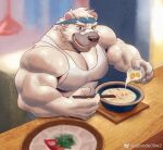  1boy bandaid bandaid_on_face bandaid_on_nose bara bear_boy ben_(rollingstonex6) borrowed_character bowl chopsticks ep06 food_request happy headband holding holding_chopsticks large_pectorals male_focus mature_male muscular muscular_male original pectoral_cleavage pectorals short_hair smile solo table tank_top upper_body white_hair white_tank_top 