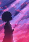 1girl absurdres bird cloud cloudy_sky flower highres holding holding_flower light light_rays looking_to_the_side original outdoors pink_flower pink_sky purple_sky scenery shadow short_hair signature sketch sky skyrick9413 solo standing upper_body 