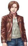  1boy arms_at_sides belt brown_eyes brown_hair brown_jacket buttons clenched_teeth denim fusaishi_haruaki jacket jeans kagelow long_sleeves looking_at_viewer male_focus official_art open_clothes open_jacket pants raging_loop short_hair solo tachi-e teeth third-party_source transparent_background variant_set zipper zipper_pull_tab 