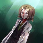  1girl black_jacket brown_eyes brown_hair green_necktie hair_ornament hairpin highres jacket lab_coat limbus_company looking_at_viewer multiple_hairpins necktie project_moon shirt short_hair shrenne_(limbus_company) solo trisia_3 white_shirt 