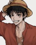  1boy absurdres artist_name black_eyes black_hair grin hand_on_own_head hat highres holding holding_clothes holding_hat kyllooelo looking_at_viewer male_focus monkey_d._luffy one_piece open_clothes pectorals portrait red_shirt scar scar_on_cheek scar_on_chest scar_on_face shirt short_hair smile solo straw_hat sun_hat white_background yellow_headwear 