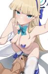  1boy 1girl absurdres areola_slip arm_up blonde_hair blue_archive blue_eyes bow bowtie breasts detached_collar halo heart_pasties hetero highres long_hair medium_breasts nude open_mouth pasties peeing ramanda squatting thighhighs toki_(blue_archive) toki_(bunny)_(blue_archive) v very_long_hair white_thighhighs 