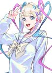  1girl :d akio_1976 blonde_hair blue_bow blue_eyes blue_hair blue_nails blue_shirt bow chouzetsusaikawa_tenshi-chan commentary_request hair_bow hair_ornament hand_up heart heart_hair_ornament highres holographic_clothing long_hair long_sleeves looking_at_viewer multicolored_hair multicolored_nails multiple_hair_bows nail_polish needy_girl_overdose open_mouth pink_bow pink_hair pink_nails purple_bow quad_tails sailor_collar shirt simple_background smile solo twintails upper_body v very_long_hair white_background yellow_bow 