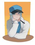  1boy alternate_costume aqua_eyes aqua_headwear aqua_seater border closed_mouth eyelashes grusha_(pokemon) hanaya_nataka hand_up hat highres jacket long_sleeves looking_at_viewer male_focus orange_background pokemon pokemon_(game) pokemon_sv smile solo sweater_under_jacket upper_body white_border 