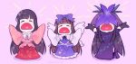  3girls black_gloves black_hair blunt_bangs bow bowtie brown_hair chibi closed_eyes collared_shirt commentary covered_eyes d: dreamysuite dress elbow_gloves english_commentary flower flower_on_head full_body gloves hair_bow heart heart_in_mouth highres hime_cut houraisan_kaguya long_hair long_skirt long_sleeves look-alike medium_bangs multiple_girls open_mouth pink_background pink_shirt print_skirt purple_bow purple_dress purple_flower purple_shirt purple_skirt red_skirt shirt sidelocks simple_background skirt sleeves_past_fingers sleeves_past_wrists standing star_(symbol) star_print star_sapphire touhou very_long_hair vine_print white_bow white_bowtie wide_sleeves yomotsu_hisami 