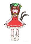  1girl :d animal_ear_fluff animal_ears blush_stickers boots bow bowtie brown_hair cat_ears cat_tail chen closed_eyes dotaku_(wran8845) earrings facing_viewer fangs full_body happy hat jewelry long_sleeves mob_cap multiple_tails nekomata open_mouth puffy_long_sleeves puffy_sleeves red_skirt red_vest short_hair simple_background single_earring skirt skirt_set smile solo tail touhou two_tails vest white_background white_bow white_bowtie 