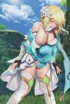 1girl blonde_hair blue_sky blush breasts censored cyclone_(reizei) dress feather_hair_ornament feathers flower fungi_(genshin_impact) genshin_impact hair_flower hair_ornament highres interspecies large_breasts lumine_(genshin_impact) nipples open_mouth restrained scarf sex sidelocks sky thighs vaginal white_dress white_scarf yellow_eyes 