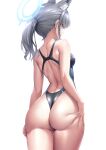  1girl animal_ear_fluff animal_ears ass back_cutout bare_arms bare_shoulders blue_archive breasts cat_ears clothing_cutout ear_piercing from_behind grey_hair halo highres ken_ill looking_back medium_hair one-piece_swimsuit parted_lips piercing ponytail shiroko_(blue_archive) shiroko_(swimsuit)_(blue_archive) simple_background small_breasts solo swimsuit thighs two-tone_swimsuit wet white_background 