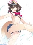  1girl animal_ears bikini blue_archive blue_shorts breasts brown_hair feet_out_of_frame fox_ears fox_tail hair_between_eyes halo highres izuna_(blue_archive) izuna_(swimsuit)_(blue_archive) official_alternate_costume one_eye_closed open_mouth pearlgang_e pink_halo short_hair shorts simple_background small_breasts smile solo striped striped_bikini swimsuit tail white_background yellow_eyes 