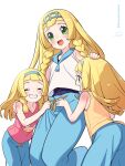  3girls :d aged_down bare_arms blonde_hair blunt_bangs blush braid character_print closed_eyes commentary_request cosplay eyelashes green_eyes grin hairband happy harper_(pokemon) harper_(pokemon)_(cosplay) highres kinocopro lana_(pokemon) lana_(pokemon)_(cosplay) lillie_(pokemon) long_hair multiple_girls open_mouth pants pink_shirt pokemon pokemon_(anime) pokemon_sm_(anime) sarah_(pokemon) sarah_(pokemon)_(cosplay) shirt siblings sisters sleeveless sleeveless_shirt slowpoke smile swimsuit swimsuit_under_clothes tank_top teeth twin_braids twitter_username watermark white_background white_shirt yellow_shirt 