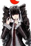  1girl black_hair black_jacket black_nails celestia_ludenberg claw_ring danganronpa:_trigger_happy_havoc danganronpa_(series) drill_hair earrings frilled_jacket frills goku-en_hamu grin highres jacket jewelry long_hair nail_polish necktie open_clothes open_jacket print_necktie red_background red_eyes red_necktie simple_background smile solo teeth twin_drills twintails upper_body white_background 
