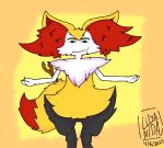  2023 ambiguous_gender anthro big_tail biped black_body black_fur braixen canid canine cel_shading dated digitigrade edit fluffy fur fur_markings generation_6_pokemon hi_res inner_ear_fluff lilya_nida looking_at_viewer mammal markings multicolored_body multicolored_ears multicolored_fur nintendo pokemon pokemon_(species) red_body red_ears red_fur red_tail roblox shaded signature simple_background simple_shading solo spread_arms stick tail tail_markings tuft two_tone_body two_tone_ears two_tone_fur two_tone_tail yellow_body yellow_ears yellow_fur yellow_tail 