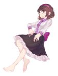  1girl barefoot black_skirt brown_eyes brown_hair closed_mouth commentary_request frilled_skirt frills hairband highres korean_commentary long_sleeves looking_at_viewer orchid_(pixiv3730518) purple_hairband shirt simple_background skirt smile solo touhou tsukumo_yatsuhashi white_background white_shirt 