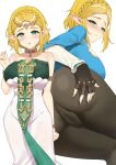  1girl armlet blonde_hair blush braid breasts cameltoe dress earrings fang_qiao fat_mons fingerless_gloves gloves green_eyes hair_ornament highres jewelry large_breasts long_sleeves looking_at_viewer lying multiple_views on_side pointy_ears princess_zelda short_hair sidelocks solo the_legend_of_zelda 