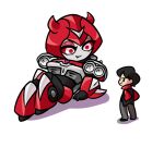  2021 alternate_species arnie_cunningham chibi christine_(stephen_king) crossover cute_fangs cybertronian duo female hasbro human humanoid humanoidized larger_female machine male male/female mammal metallic_body not_furry red_body red_eyes robot robot_humanoid simple_background size_difference smaller_male stephen_king_(copyright) takara_tomy transformers w3nugae white_background 