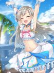  1girl ^_^ arm_warmers armpits arms_up bare_shoulders blue_choker blurry blurry_background blush braid braided_bangs breasts choker closed_eyes collarbone crop_top dot_nose frilled_shirt frills grey_hair highres hisakawa_hayate hoshino_ouka idolmaster idolmaster_cinderella_girls idolmaster_cinderella_girls_starlight_stage jewelry layered_skirt long_hair medium_breasts midriff navel necklace open_mouth palm_tree red_ribbon ribbon shirt skirt smile solo tree very_long_hair white_shirt white_skirt 