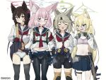  4girls :q absurdres ahoge animal_ear_fluff animal_ears aqua_bow aqua_panties artist_name ascot ass_visible_through_thighs bandaid_on_thigh bike_shorts black_choker black_gloves black_pantyhose black_shorts black_thighhighs blonde_hair blue_archive blue_eyes blue_halo blue_sailor_collar blue_skirt blush bow bow_panties bra braid breast_pocket breasts brown_hair cameltoe choker closed_eyes closed_mouth clothes_lift commentary doombreak double-parted_bangs facing_viewer fang feet_out_of_frame fingerless_gloves flying_sweatdrops fox_ears fox_girl gloves green_eyes green_gloves green_hair green_halo groin gun hair_between_eyes halo headset heart highres holster knee_pads kurumi_(blue_archive) lifted_by_self long_hair long_sleeves looking_at_viewer microphone midriff miniskirt multiple_girls navel neckerchief niko_(blue_archive) open_mouth otogi_(blue_archive) panties panties_under_pantyhose pantyhose petite pink_bra pink_hair pleated_skirt pocket puffy_long_sleeves puffy_sleeves red_armband red_ascot red_eyes red_gloves red_halo red_neckerchief sailor_collar sailor_shirt school_uniform serafuku shirt shirt_lift shorts simple_background single_braid skirt skirt_lift small_breasts split_mouth stomach striped striped_panties sweat thigh_holster thighband_pantyhose thighhighs tongue tongue_out twitter_username underwear very_long_hair weapon white_background white_panties white_shirt yellow_gloves yukino_(blue_archive) 