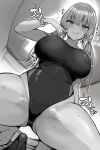  1boy 1girl :q absurdres breasts bulge closed_mouth commentary_request covered_navel erection erection_under_clothes from_below highres kihou_no_gotoku_dmc large_breasts looking_at_viewer looking_down monochrome one-piece_swimsuit original pov smile solo squatting swimsuit thighs tongue tongue_out twintails 