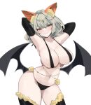  1girl animal_ear_fluff animal_ears arm_warmers armpits arms_behind_head arms_up bare_shoulders bat_ears bat_wings bikini black_bikini black_thighhighs blurry breasts cleavage closed_mouth commission contrapposto cowboy_shot fur_trim grey_hair hair_ornament highres large_breasts low_wings mindoll navel original red_eyes short_hair simple_background skindentation smile smirk solo standing stomach string_bikini swimsuit thighhighs thighs v-shaped_eyebrows white_background wings 