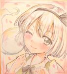  1girl ascot black_ascot black_hairband collar colored_pencil_(medium) graphite_(medium) hairband konpaku_youmu one_eye_closed orange_background orya_422 portrait smile solo touhou traditional_media youmu_day 