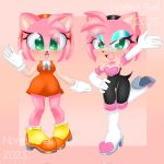  1:1 accessory amy_rose anthro armor bodysuit boots breastplate clothing cosplay dress duo eulipotyphlan eyeshadow female footwear gloves hair_accessory hairband handwear hedgehog hi_res high_heeled_boots high_heels makeup mammal normabellart sega shoes skinsuit sonic_the_hedgehog_(series) tight_clothing 