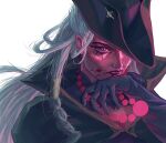  1girl black_cape black_headwear braid cape cedrof dark_waters_diana diana_(league_of_legends) grey_hair hand_up highres league_of_legends long_hair official_alternate_costume portrait red_eyes red_lips simple_background single_braid solo teeth white_background 