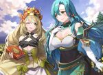  2girls ;d aqua_hair armor bare_shoulders blonde_hair blue_sky blush book bow braid breastplate breasts celine_(fire_emblem) chloe_(fire_emblem) cloud commentary_request covered_navel cowboy_shot crown day dress earrings elbow_gloves fire_emblem fire_emblem_engage flower gloves green_bow green_eyes green_skirt hair_bow highres holding holding_book jewelry large_breasts long_hair multiple_girls one_eye_closed open_mouth orange_bow shoulder_armor single_braid skirt sky smile standing tuna_picture very_long_hair white_gloves yellow_dress yellow_flower 