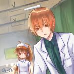  1boy 1girl ahoge alternate_costume blush brother_and_sister brown_hair closed_mouth coat collared_shirt commentary eyebrows_hidden_by_hair green_necktie green_shirt hair_between_eyes hair_ribbon hat indoors lab_coat little_busters! long_hair long_sleeves meme micchi_(koto_maple) natsume_kyousuke natsume_rin necktie nine_years_in_a_coma_(meme) nurse nurse_cap open_clothes open_coat open_mouth ponytail pov ribbon serious shirt short_hair short_sleeves siblings signature upper_body v-shaped_eyebrows very_long_hair white_ribbon white_shirt 