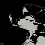  1:1 anthro black_and_white bonnie_vale_(posspowered) cigarette clothing didelphid eyes_closed female hi_res mammal marsupial monochrome noir pompadour posspowered shirt smoking solo tank_top topwear 