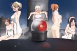  5girls alarm_siren ass bath black_hair blonde_hair blue_eyes blush breasts brown_eyes brown_hair charlotte_e._yeager hanna-justina_marseille hattori_shizuka highres large_breasts looking_at_another looking_at_viewer lynette_bishop medium_breasts miyafuji_yoshika multiple_girls naked_towel orange_hair outdoors ponytail short_hair small_breasts smile strike_witches the_naked_gun_(series) towel world_witches_series yohijikon 