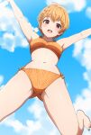  1girl :d absurdres antenna_hair arms_up bang_dream! bare_arms bare_legs bare_shoulders barefoot bikini blue_sky blush braid breasts brown_eyes cloud commentary cowboy_shot day from_below hair_ornament highres kitazawa_hagumi looking_at_viewer looking_down medium_breasts midair navel noshimurin official_alternate_costume official_alternate_hairstyle open_mouth orange_bikini orange_hair outdoors outstretched_arms polka_dot polka_dot_bikini short_hair single_braid sky smile solo stomach swimsuit teeth upper_teeth_only x_hair_ornament 