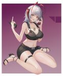  1girl :d absurdres antennae arknights bare_arms bare_shoulders black_footwear black_shorts breasts cleavage commentary_request crop_top grey_hair hands_up high_heels highres holding horns large_breasts lingdu_han looking_at_viewer midriff navel open_mouth short_hair short_shorts shorts sitting smile solo stomach thighs w_(arknights) wariza yellow_eyes 