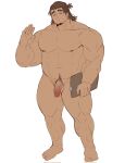  1boy =_= abs bara brown_hair completely_nude dark-skinned_male dark_skin facial_hair flaccid full_body goatee hand_up happy_aura highres holding holding_notebook large_pectorals leg_hair leobongnana male_focus male_pubic_hair mature_male medium_hair muscular muscular_male navel navel_hair nipples notebook nude original pectorals penis plump ponytail pubic_hair sideburns solo standing stomach thick_eyebrows thick_thighs thighs uncensored waving 